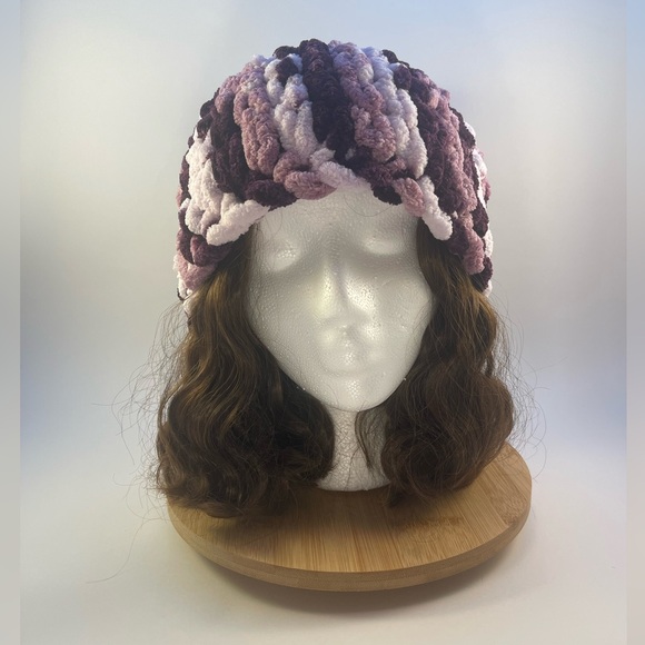 Handmade Women’s/Junior’s Winter Hat With Loopy Pom-Pom - Variegated Purple - Picture 4 of 9